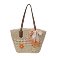 Cremeweiße gewebte Stroh-Handtasche mit Blumenakzenten und orangefarbenem Schal - Gebrochenes Weiß