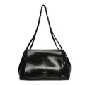 Klassische schwarze glänzende Schultertasche mit Goldkette und stilvollem Schriftzug - Schwarz