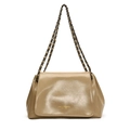 Khaki glänzende Leder-Umhängetasche mit Vintage-Faltenstruktur und dunkler Metallkette - Khaki