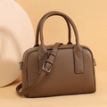 Borsa bowling retrò in pelle litchi marrone con doppi manici e tracolla regolabile - Marrone