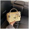 Quilted yellow box bag with elegant pearl bow charm and gold chain strap - Yellow Without Pendant