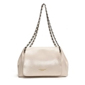 Cremeweiße Leder-Schultertasche mit goldener Kette und geprägter Aufschrift - Weiß