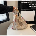 Borsa tote in maglia fatta a mano con fiori colorati e grandi perle sintetiche - Beige