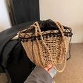Borsa in paglia fatta a mano con nappe nere e fodera a coulisse per vacanze estive - Cachi