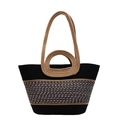 Contrast color woven tote bag with round handles and detachable shoulder strap - Black