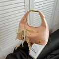 Pink dumpling hobo bag with pearl lace bow and golden bear charm in soft synthetic leather - No Pendant / Pink