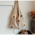 Beige gebreide draagtas met kleurrijke 3D-bloemen en stijlvolle kralendetails - Khaki