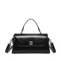 Glossy black leather tote bag with vintage metal lock and adjustable shoulder strap - Black