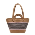 Contrast color woven tote bag with brown tan base and geometric patterns - Khaki