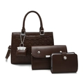 Three-piece brown embossed tote bag set with matching crossbody bag and compact wallet - Brown