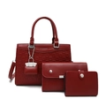 Three-piece burgundy leather tote bag set with textured pattern and silver metal hardware - Burgundy