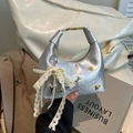 Metallic silver hobo bag with gold charms and pearl lace heart pendant in hand - With Pendant / Silver