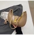 Khaki crescent hobo bag with gold metal chain and adjustable leather strap for women - Khaki