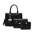 Three-piece black tote bag set with geometric checkerboard pattern and silver chain - Black