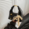 Black dumpling handbag with gold bear charms, pearl chain and white lace bow detail - With Pendant / Black