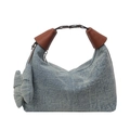 Sac à main en jean délavé avec nœud papillon et garnitures en cuir marron de face - Bleu clair