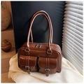 Borsa Boston vintage marrone scuro in pelle cerata lucida con tasche con fibbia - Marrone