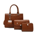 Brown leather women's 3-piece bag set with quilted tote and flap shoulder bags - Tan