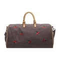 Grand sac cabas en toile grise avec broderie cerise et poignées en cuir - café