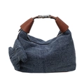 Sac polochon en denim bleu foncé avec poignées en cuir marron et détail de nœud - Bleu foncé