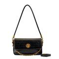 Chic black crocodile embossed shoulder bag with gold chain and circular swivel lock - Black
