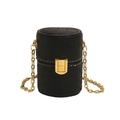 Mini sac cylindrique noir avec texture autruche et bandoulière chaîne dorée - Noir