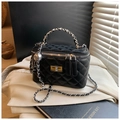 Classic black quilted leather vanity case bag with gold chain strap and top handle - Black without Pendant