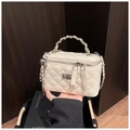 Quilted white chain crossbody box bag with metallic silver lock and double zipper detail - White Without Pendant