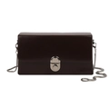 Minimalist square box bag in dark brown leather with a silver chain strap and round lock - Brown