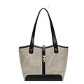 Grande borsa tote in tela beige con accenti in pelle nera e fibbia in metallo dorato - Bianco Sporco