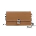 Rectangle tan box bag with silver chain strap and metal clasp in a modern minimalist style - Khaki