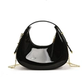 Glossy black patent leather mini half-moon bag with gold chain strap for girls - Black Large