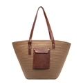 Große Sommer-Stroh-Tote-Bag mit brauner Ledertasche und gewebten Schultergurten - Khaki