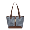 Borsa tote trapezoidale vintage in denim blu-grigio e pelle marrone con chiusura oro - Blu