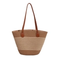 Large capacity striped straw tote bag with brown leather handles for summer beach vacations - Khaki & White Stripes