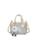 Borsa a secchiello grigio chiaro con bordo crema e ciondolo in peluche bianco - Bianco Sporco