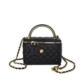 Black quilted crossbody bucket bag with golden camellia flower and chain strap - Black