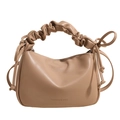 Minimalist beige pleated handle crossbody bag with side drawstring and leather texture - Khaki