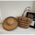 Detail of striped straw tote with brown leather handles and matching wide brim sun hat - Style 6 (With Hat)
