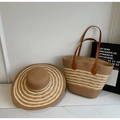 Detail of striped woven straw hat and tote bag set with brown leather handles - Style 1 (With Hat)