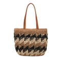 Three-tone straw tote bag with color-block stripes and textured tassel details - Black (083)