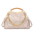 Vintage beige evening bag with lotus and koi embossing, amber handle and chain - Gray