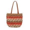 Three-color woven straw tote bag with brown leather strap and wave pattern - Colorful (083)