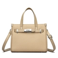 Elegante borsa a mano beige testurizzata con pannello intrecciato e dettagli argento - Albicocca