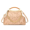 Vintage koi fish embossed frame bag in beige with wood handle and chain strap - Khaki