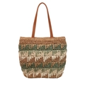 Striped straw tote bag with green and brown tones, fringe accents and leather straps - Green (083)