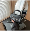 Minimalist black shiny leather mini square bag with silver buckle and thin strap - Black
