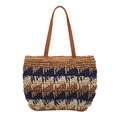 Contrast striped straw tote bag with brown leather straps for summer casual wear - Blue (083)