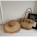 Striped straw tote bag and sun hat set with leather handles for summer beach travel - Style 7 (With Hat)