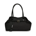 Bolso tote negro para mujer en denim texturizado con correas de cuero brillante y hebilla - Negro